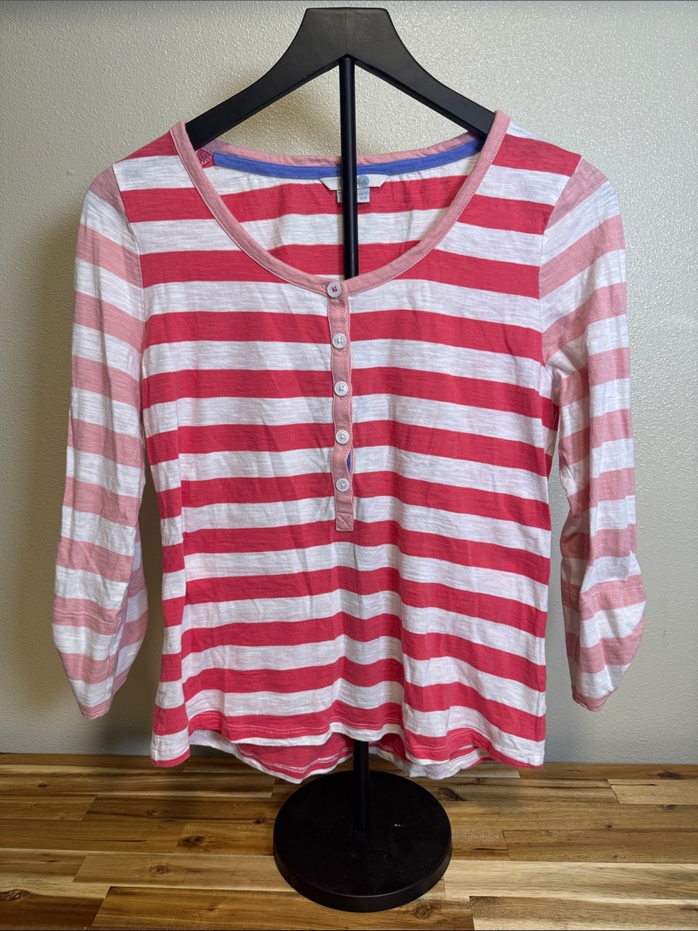 Boden Pink White Striped 100% Cotton Henley Top Button Tab Sleeves Size 12